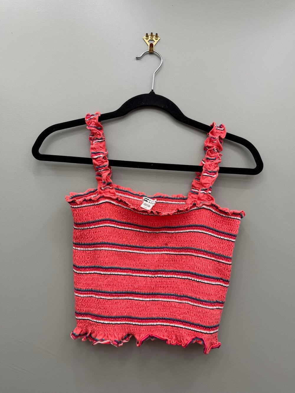 Billabong Smocked Cropped Tank Top Coral Stripe Ruffle 100% Cotton